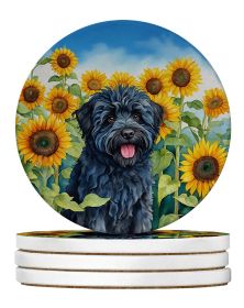 Puli in Sunflowers Large Sandstone Coasters Pack of 4 Absorbent Round Coasters Decor Gifts for Men or Women, 4 in, Multicolor