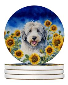 Old English Sheepdog in Sunflowers Large Sandstone Coasters Pack of 4 Absorbent Round Coasters Decor Gifts for Men or Women, 4 in, Multicolor