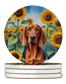 Redbone Coonhound in Sunflowers Large Sandstone Coasters Pack of 4 Absorbent Round Coasters Decor Gifts for Men or Women, 4 in, Multicolor
