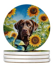 Labrador Retriever in Sunflowers Large Sandstone Coasters Pack of 4 Absorbent Round Coasters Decor Gifts for Men or Women, 4 in, Multicolor