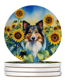 Sheltie in Sunflowers Large Sandstone Coasters Pack of 4 Absorbent Round Coasters Decor Gifts for Men or Women, 4 in, Multicolor
