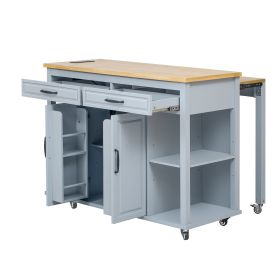 47 inch Kitchen Island with Extendable Dining Table, Rubber Wood Veneer Kitchen Table with Internal Storage Rack, Power Outlet (Color: Grey+Blue, Material: MDF,Rubber Wood)